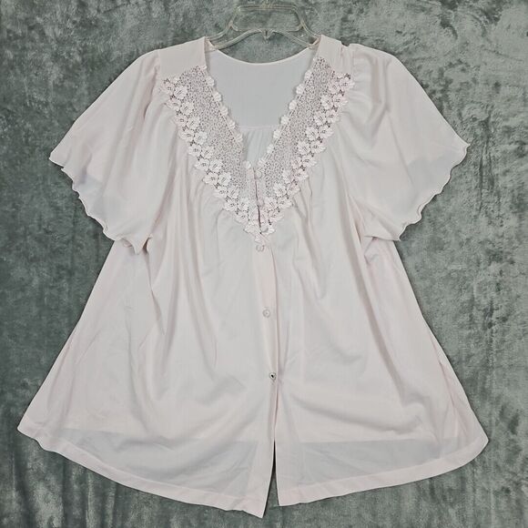 SHADOWLINE Lg Pink Embroidered Bed Jacket Top Lingerie Silky Nylon Vintage - Picture 1 of 11